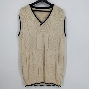 VTG Crown Point Mens Nautical Patchwork Knit V-Neck Vest Sweater Beige L USA‎